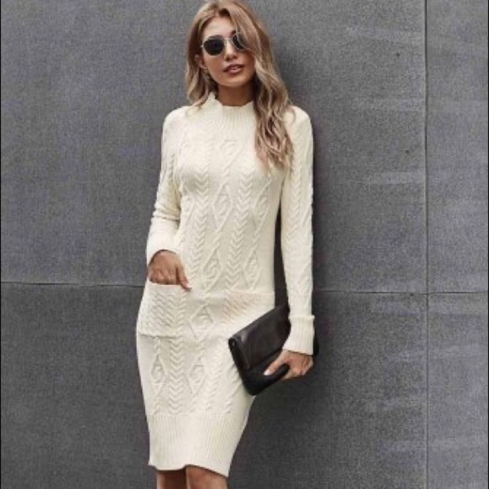 Beige High Neck Textured Bodycon Sweater Dress - Picture 10 of 14